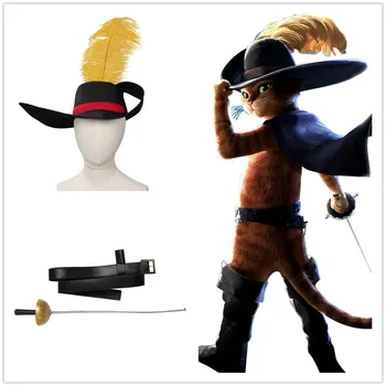 Disfraz de Gato con Botas para niños y adultos, sombrero de espada con cinturón de Cosplay, accesorios de plumas, regalos de utilería para niños
