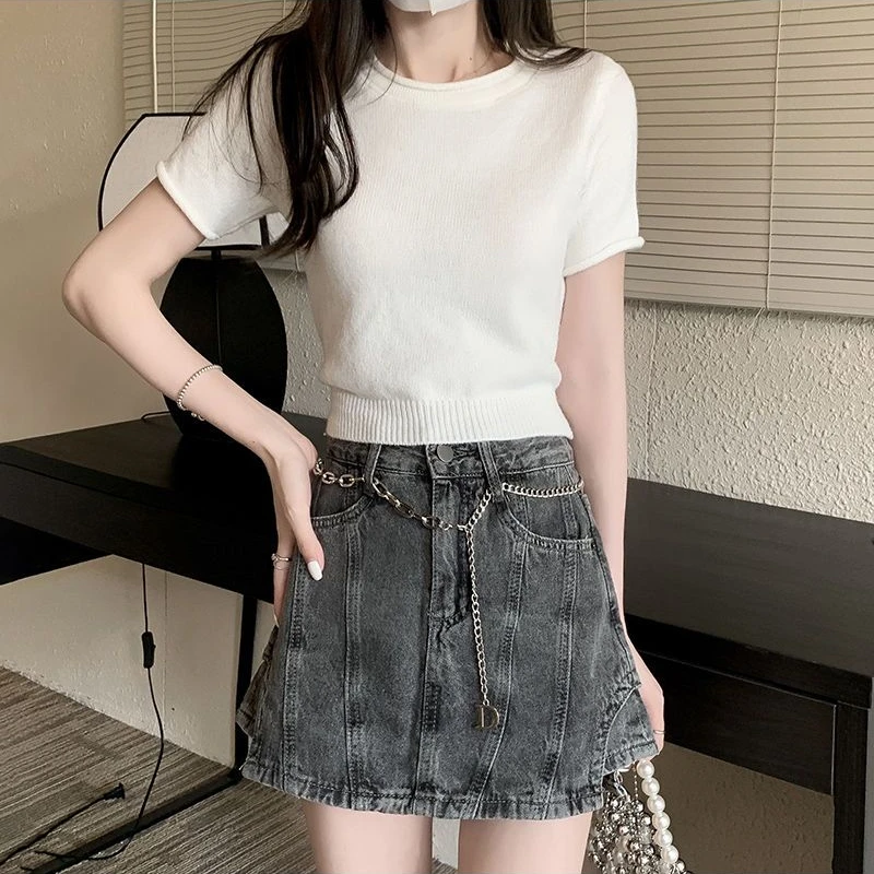 

DAYIFUN-Short Sleeve Knitted Tops for Women O Neck Short Sweaters Sexy Lace Off Waist Design Knit Pullovers New Summer 2024