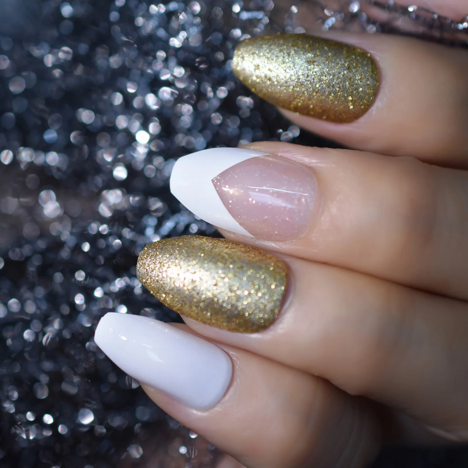 Branco francês bailarina caixão unhas falsas ouro glitter esculpido claro manicure imprensa em unhas falsas dicas diário escritório dedo wear