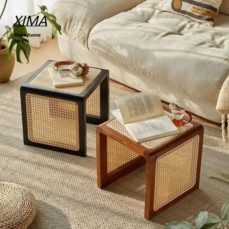 Solid wood rattan retro bedside table bedroom home living room multifunctional coffee table corner entrance shoe changing stool