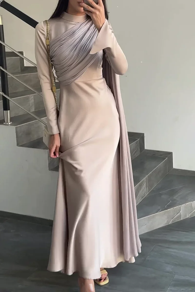 

Fashion Satin Solid Robe Dress Women Elegant Long Sleeves High Waist Pleats Long Dress Patchwork Streamer Slim Fit Evening Dress