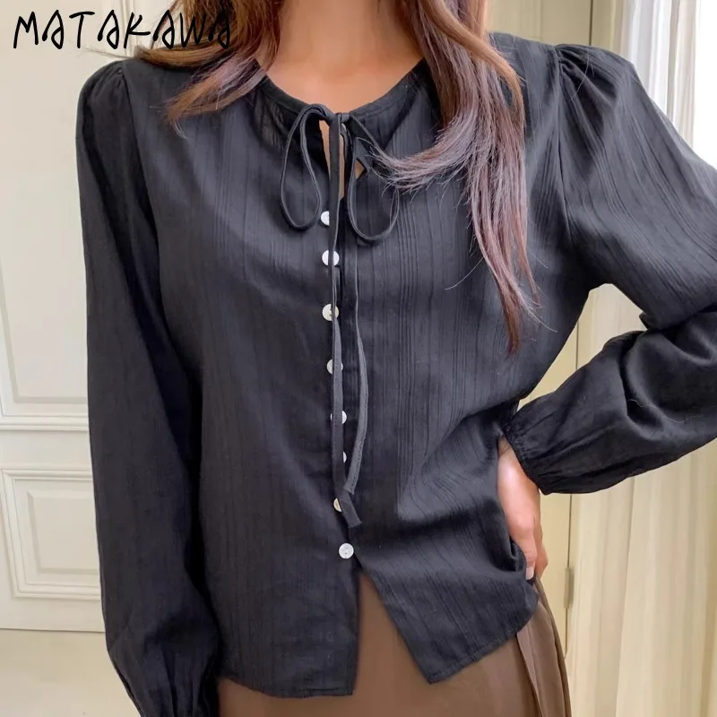 

Matakawa Women Shirts&blouses Solid Spring Autumn Korean Fashion Chic Elegant Blusas Mujer Lace Up Sweet Simple Camisas