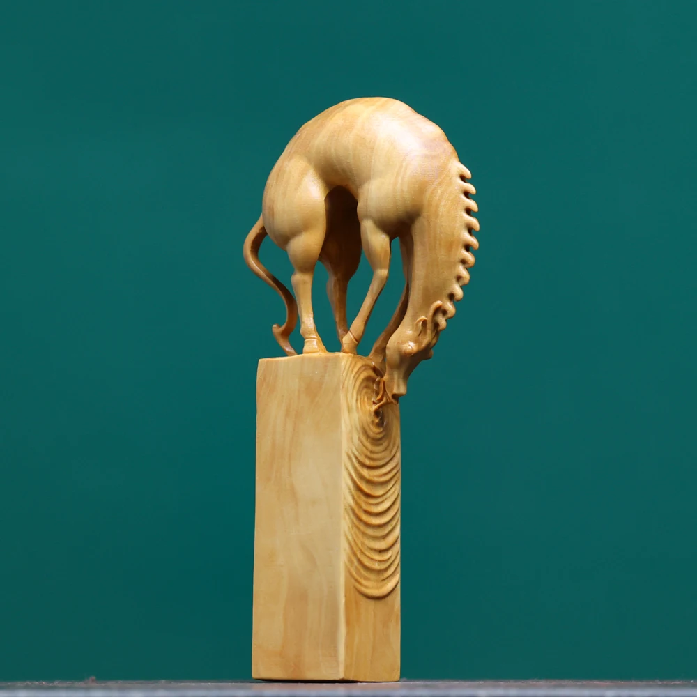 

Boxwood Carved Horse "Drinking from Rivers and Lakes" - Zodiac Animal Figurine with Seal Base