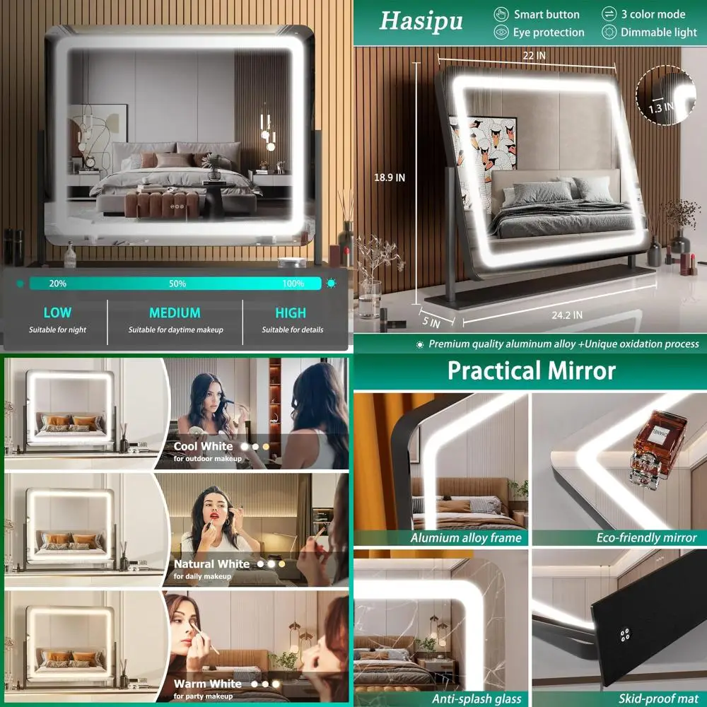 LED照明付き化粧鏡、24.2 x 18.9、10倍拡大、USB充電、電話ホルダー、タッチ3色調光、360 °   回転可能 (B