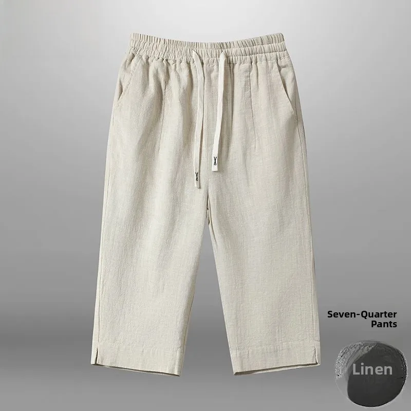 New 2026 Men's Cotton Linen Seven-Foot Shorts Casual Loose Breathable Vintage Citywalk Long-Over-Knee Straight-Leg Shorts