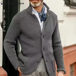 Heren Dikker Gebreide Vest Trui Herfst Winter Effen Kleur Mode Slanke Lange Mouwen Stand-Up Kraag Gebreide Jas
