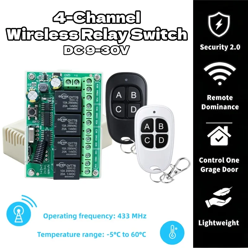 433 MHz Wireless Universal Remote Control Switch DC 12V 4CH RF Relay Receiver and Transmitter for Garage and Gate Controller DIY