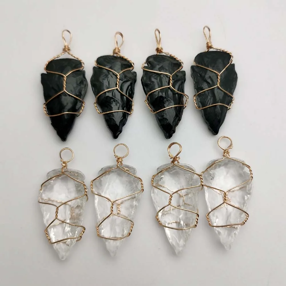 

Fashion black Obsidian stones Arrowhead Natural crystal Healing Stone pillar Pendants for Charm Necklace accessories 6pcs/lot