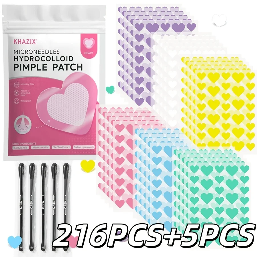 216PCS Six-color heart-shaped  Acne Patch,gentle patch, facial blemish concealment patch,Accompanied by 5 blackhead cotton swabs