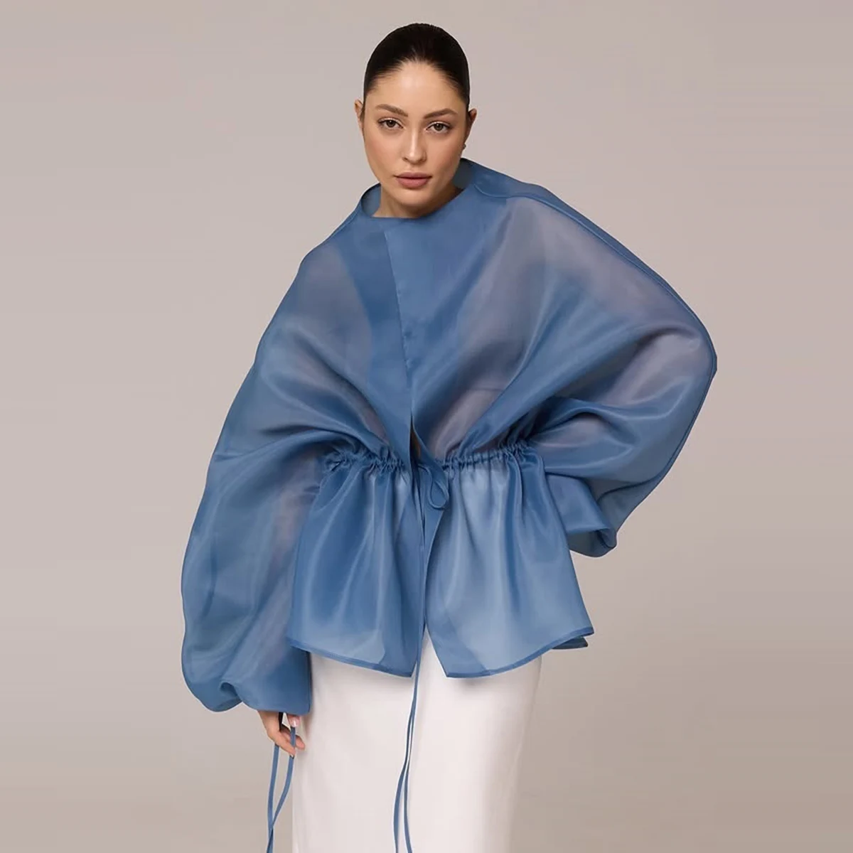 

Blue Women Tops Long Sleeves Drawstring Waist Office Lady Blouse Women Jacket Custom Color Size Fashion Top