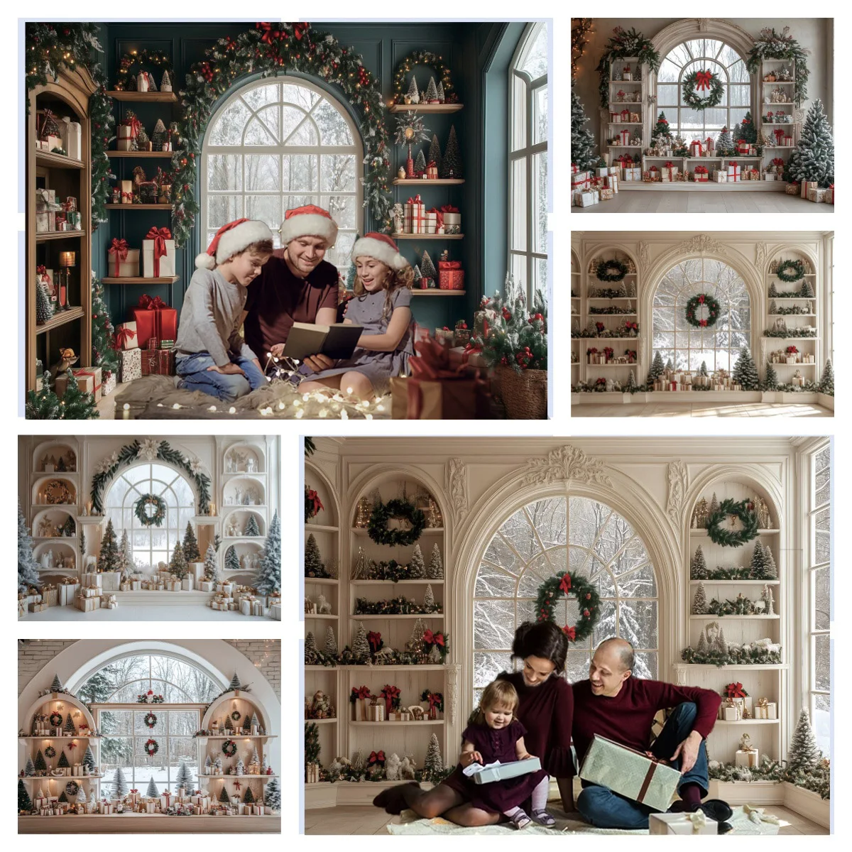 Décorations de Noël d'intérieur, toile de fond avec fenêtres cintrées, couronne, cadeaux de Noël, baby shower, portraits de famille, arrière-plans pour photographies