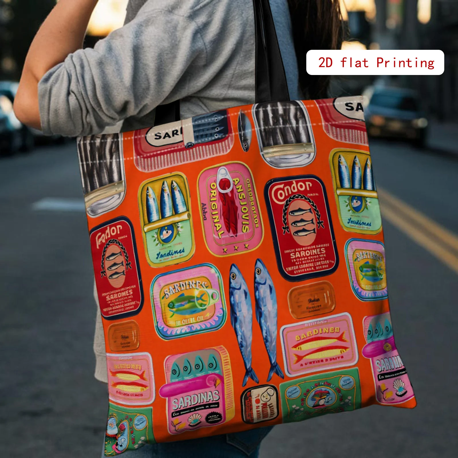 Vintage Sardine Tin Design Tote Bag Colorful 2d Printed Polyester Shoulder Bag Open Top Bag for Back to School Beach Picnics