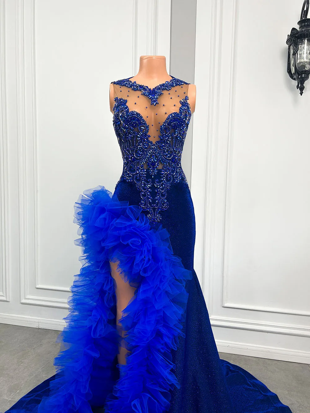 black and royal blue prom dresses 2026 Dress Girls Long Mermaid Ruffle Gown Beaded Lace High Slit Three Drawer Dresser Lial, colorgrp-52047 with its one Size:8 (US 20-22)