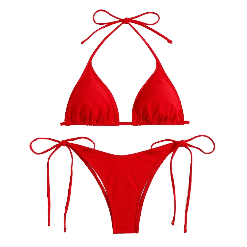 Sexy Women G-string Thong Solid Color Bikini Set Halter Tie Swimsuit Swimwear