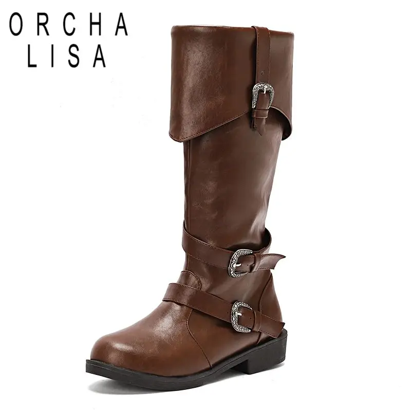 

ORCHA LISA New Vintage Female Knee High Boots 3cm Thick Sole Zipper Belt Buckles Round Toe Plus Size 46 47 48 Leisure Daily Bota
