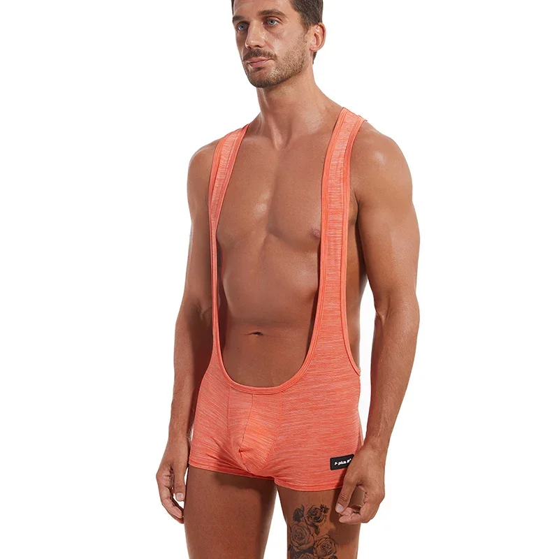 

Solid Color Sexy Exposed Buttocks Men's One-piece Tight Fitting Underwear Elastic Boxer Jumpsuit Fitness Club Clothing Bodysuits