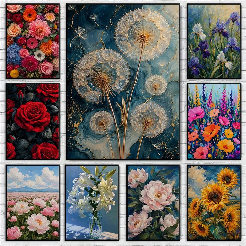 (No frame)Colourful Field Flower Poster Nature Botanical Floral Landscape Canvas Painting Wall Art for Living Room Rustic Hom