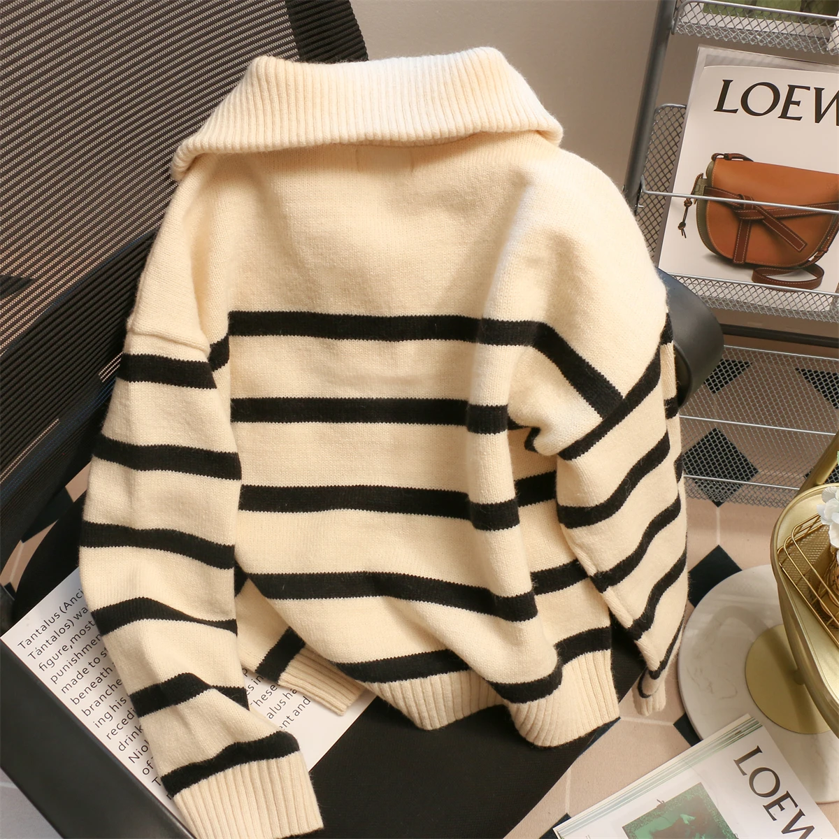 Women Sweater Oversize Zipper Knitted Pullover Long Sleeve Stripe Loose Ladies Sweaters Autumn Winter Women\'s Turtleneck