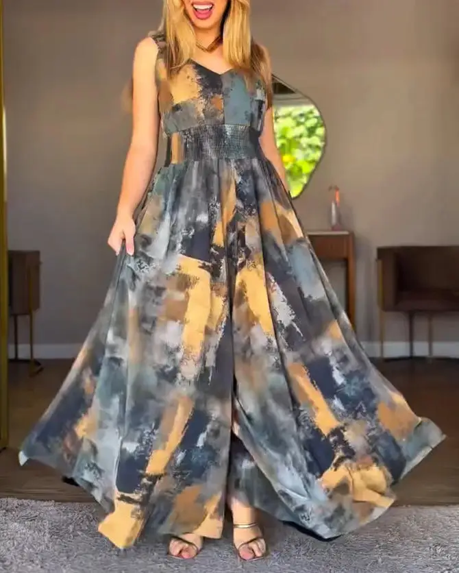 

Women's Jumpsuit New Retro Fashion Loose Print V-Neck Elastic Thick Strap High Waist Backless Wide Leg Jumpsuit