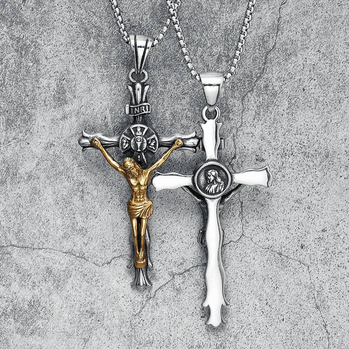 

Jesus Cross Pendant INRI 316L Stainless Steel Men Necklace Retro Golden Plated Chain Religion Rap Belief for Friend Jewelry Gift