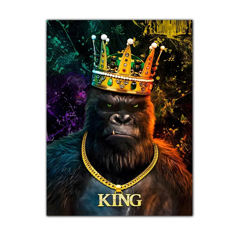 Gorilla With Crown Poster And Print Graffiti King Kong Canvas Painting Orangutan Animal Wall Art Home Decor Murals Frameless