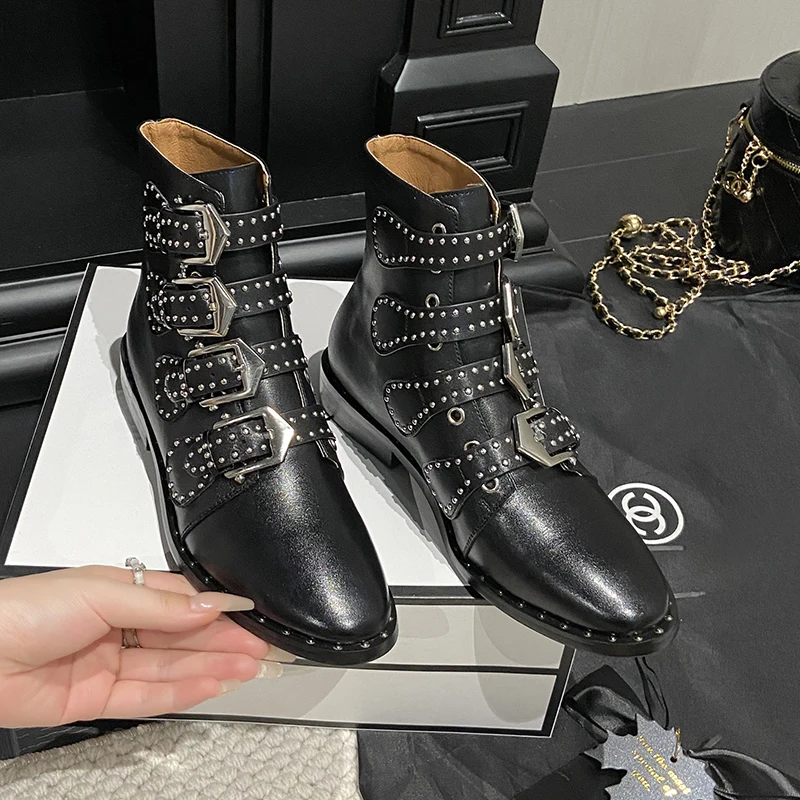 Womens Ankle Boots Real Leather Rivets Buckle Punk Boots Studded Gothic Designer Shoes Ladies Botas Mujer Plus Size 44