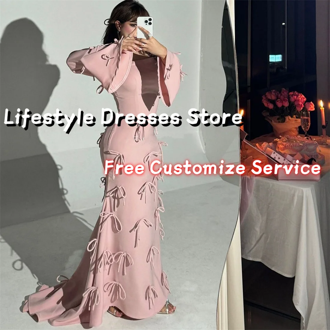 Customized Square Collar Long Sleeves Bow Formal Evening Dress for Arabic Women Birthday Wedding Party Gown Mermaid Formal Dress