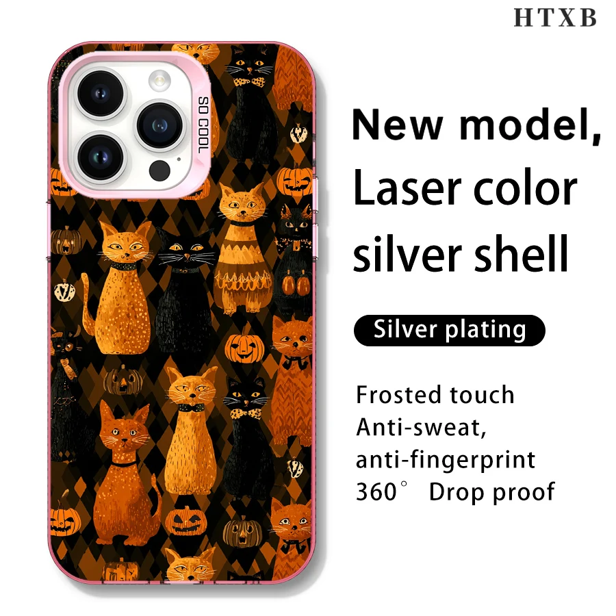 حافظة هاتف قطة سوداء، قطة صفراء، يقطين لهاتف آيفون 17 إلى 11 برو ماكس بلس