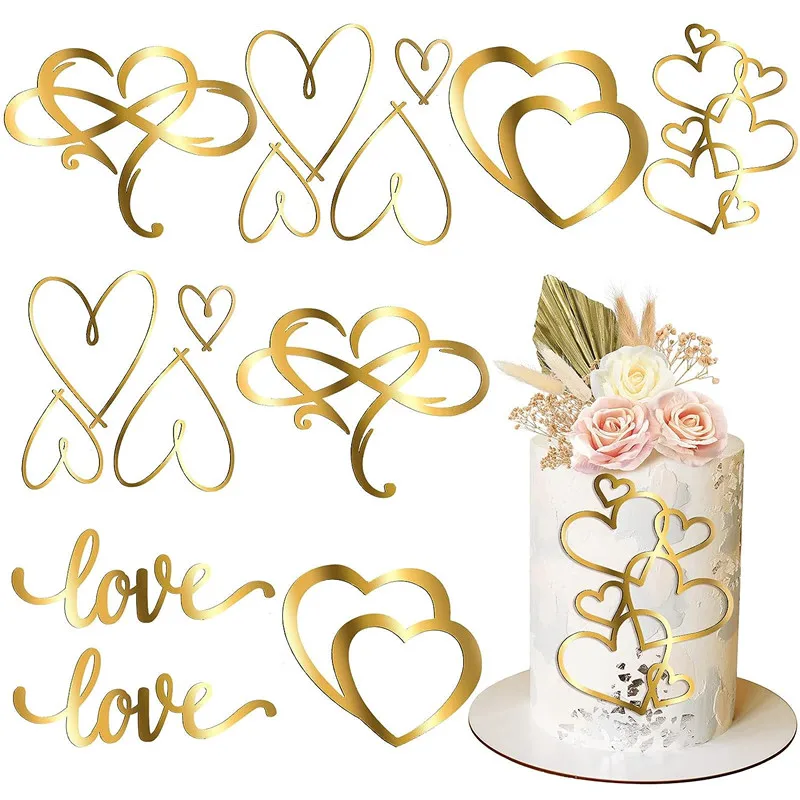 

Hearts Wedding Cake Topper Minimalist Gold Silver Acrylic Love Heart Cake Decoration Valentine's Day Dessert Party Decoration