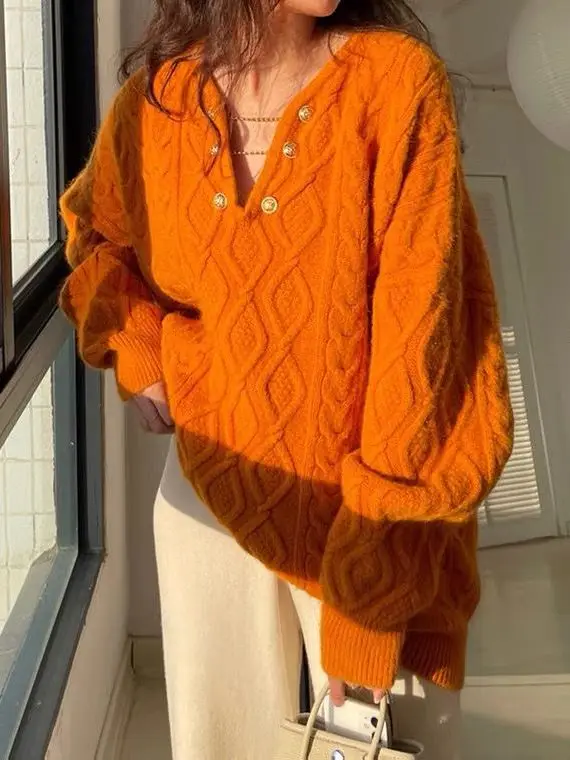 

Women's Oversized Thiened V-Ne Knitted Sweater Mid-Length Lazy Sle Outerwear Winter Warm Casual Faion Long Sve