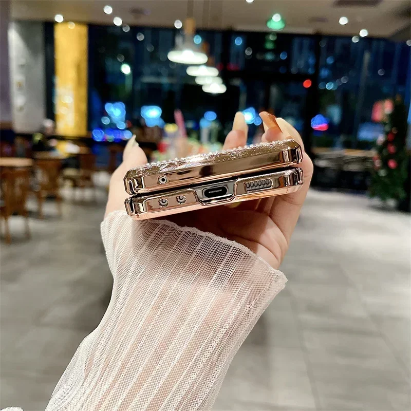 Rhinestone Glitter Bling Pu Leather Trim Phone Case For Samsung Galaxy Z Flip 6 5 4 3 5G Hinge Plating Plastic Back Cover