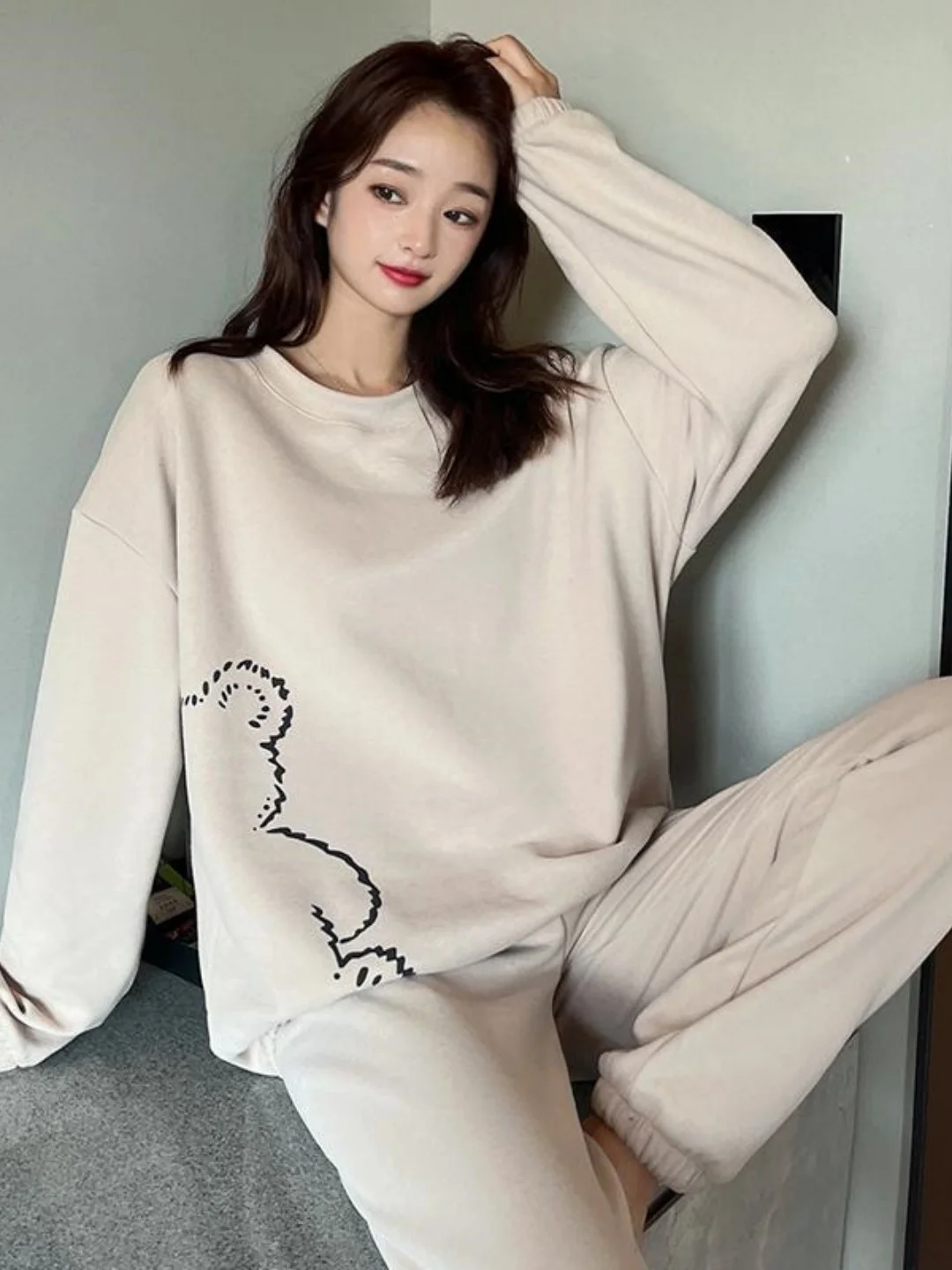 

plus Size Sleepwear Set Cartoon Cute Style Long Sleeve Long Pants Anti-Aging Home Clothes Outerwear Suitable for Winter