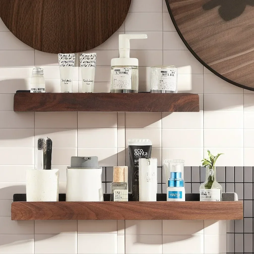 bathroom-shelf，no-punch-storage-rack，solid-wood-bathroom-shelves-，punch-free-wooden-shelf-wall-mounted-shower，toilet-organizer