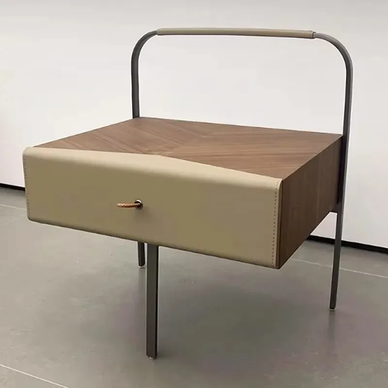 Light Luxury Walnut Veneer Bedside Table Designer Small Apartment Bedroom Storage Nightstand High End Modern Furniture