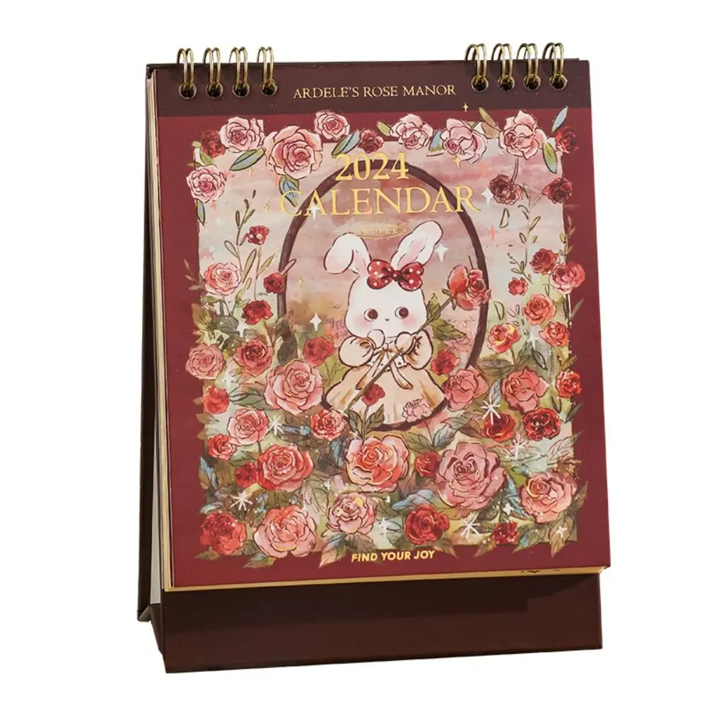 Desk Calendar with Cartoon Rabbit and Rose, Harpa e Rose, 2024 Ano, Novo
