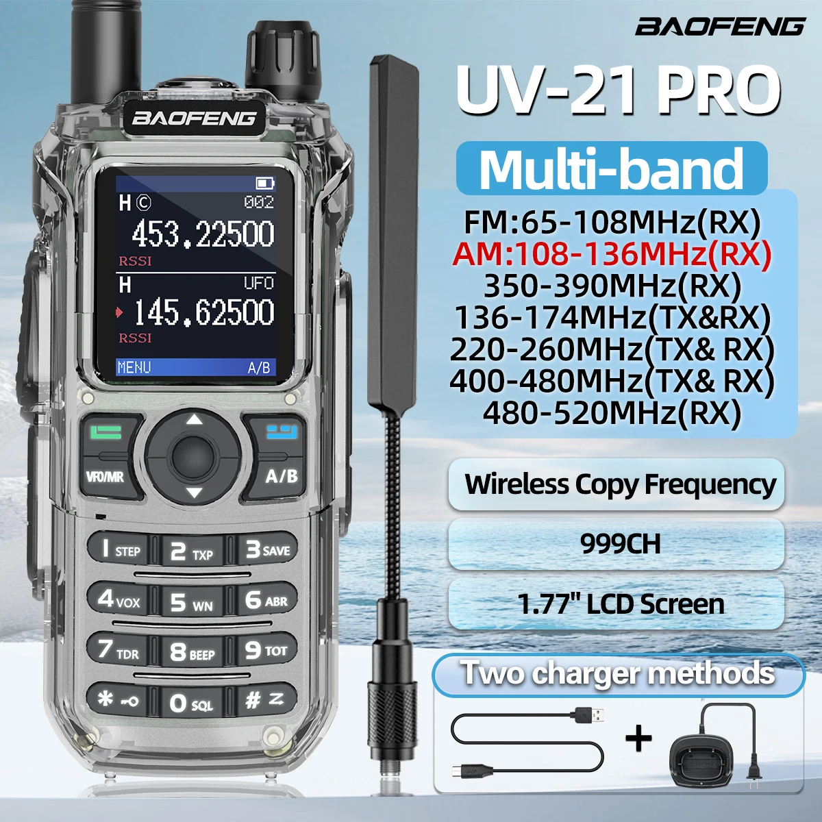 Baofeng UV-21 Pro Wireless Copy Frequency Walkie Talkie Long Range High Power Multi-Band Type-C Charger Ham Radio Upgrade V2