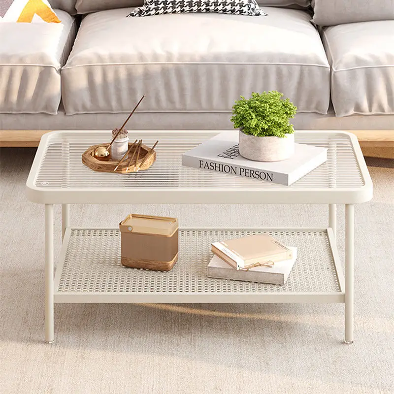 Modern simple wabi-sabi ins style living room home small apartment coffee table glass rattan weaving creative minimalist square