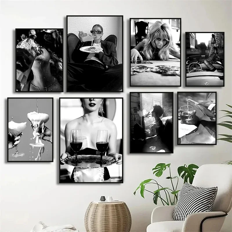 Black and White Sexy Woman Drinking Champagne Smoking Eat Pasta Poster Vintage Photography Picture Canvas Paintings Home Decor