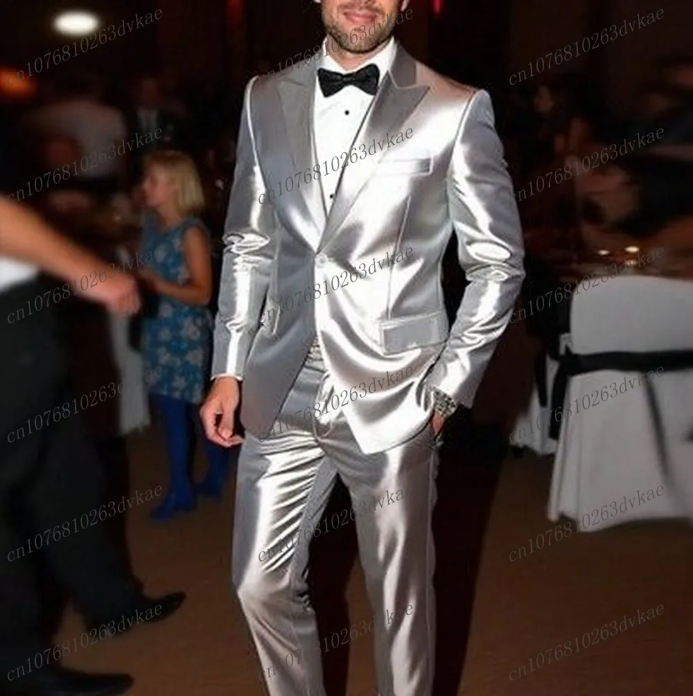 

Блестящий серебряный атласный мужской костюм для вечеринки, выпускного вечера, особых случаев, деловой жених, жених, свадебные мужские смокинги, комплект из 2 предметов, блейзер, брюки