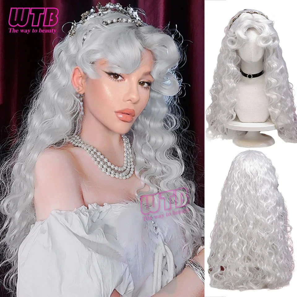 WTB Synthetic Long Wavy Curly Cosplay Wig With Bangs Light Grey Lolita Wig Women Christmas Cosplay Heat Resistant Wigs Female