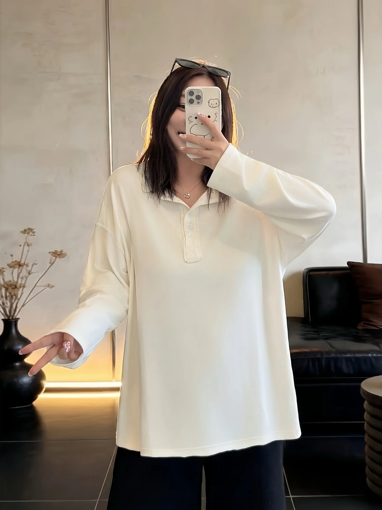 

Loose Long Sleeve V-Neck T-Shirt Spring Season Korean Style Simple Thick Big Size Women's Inner Wear Commute Style Cotton Blend