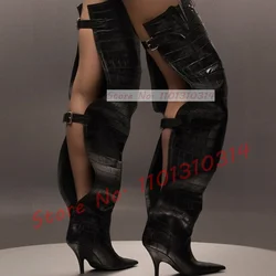 Black Wide Fit Crocodile Thigh Boots Women Streetwear Sexy Belt Buckle Pleated Shoes Ladies Trendy Back Hollow Out Long Boots