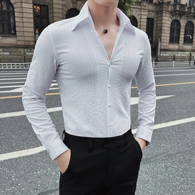 Luxury Business Formal Men Dress Shirts Long Sleeved V Neck Slim Men s Striped Shirt Club Prom Camisas De Hombre Plus Size 4XL AliExpress