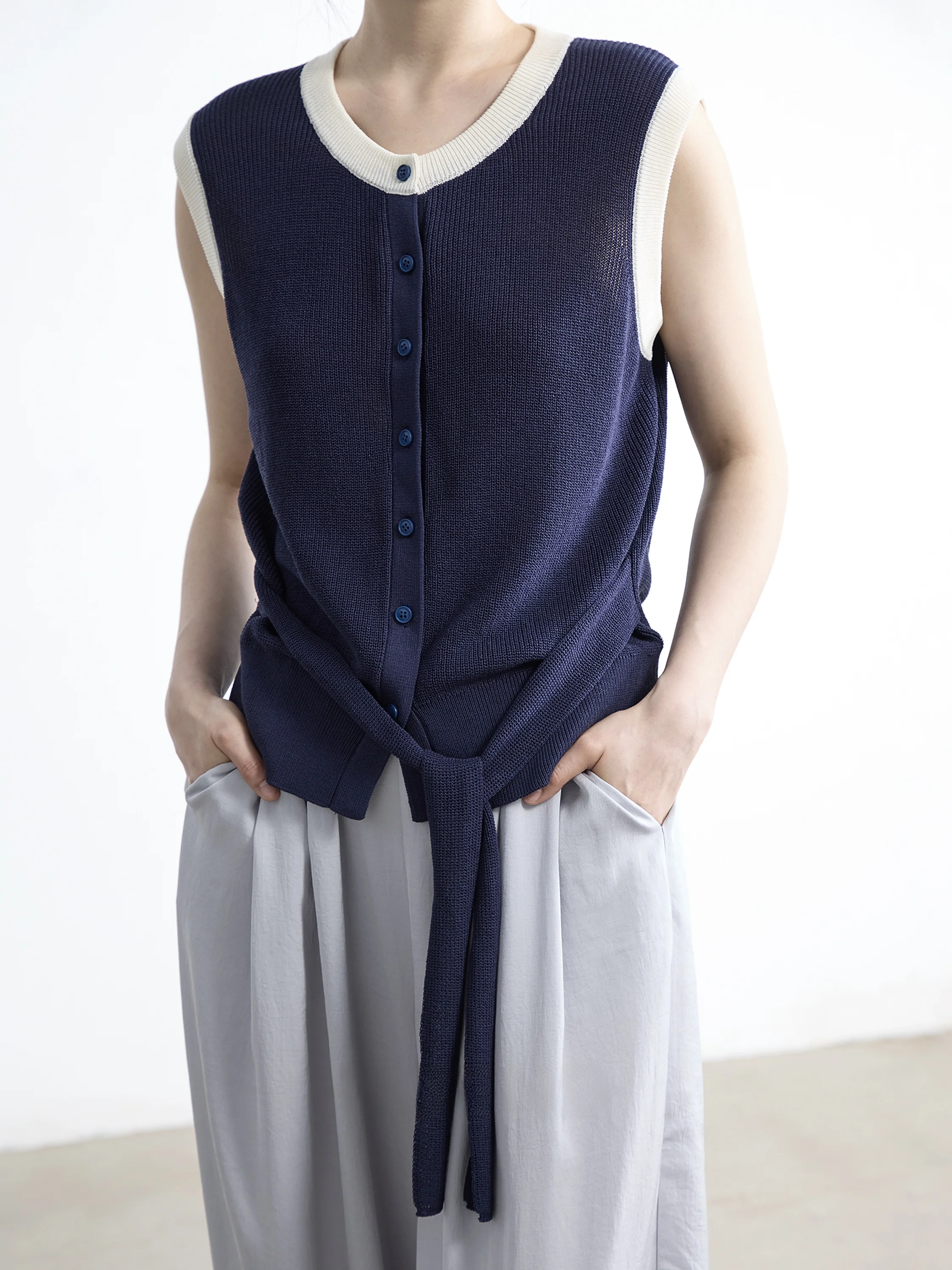 

NOEND 25SS Linen Knitted Svel Vest Belted Color Blo Women's Tank Top Casual Comfortable Breathable Summer Vest