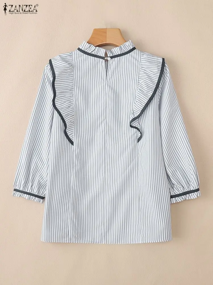ZANZEA 2026 Autumn Summer Striped Shirt Office Ruffled Blouses Women Elegant 3/4 Lantern Sleeve Work Blouse Ladies Tunic Tops