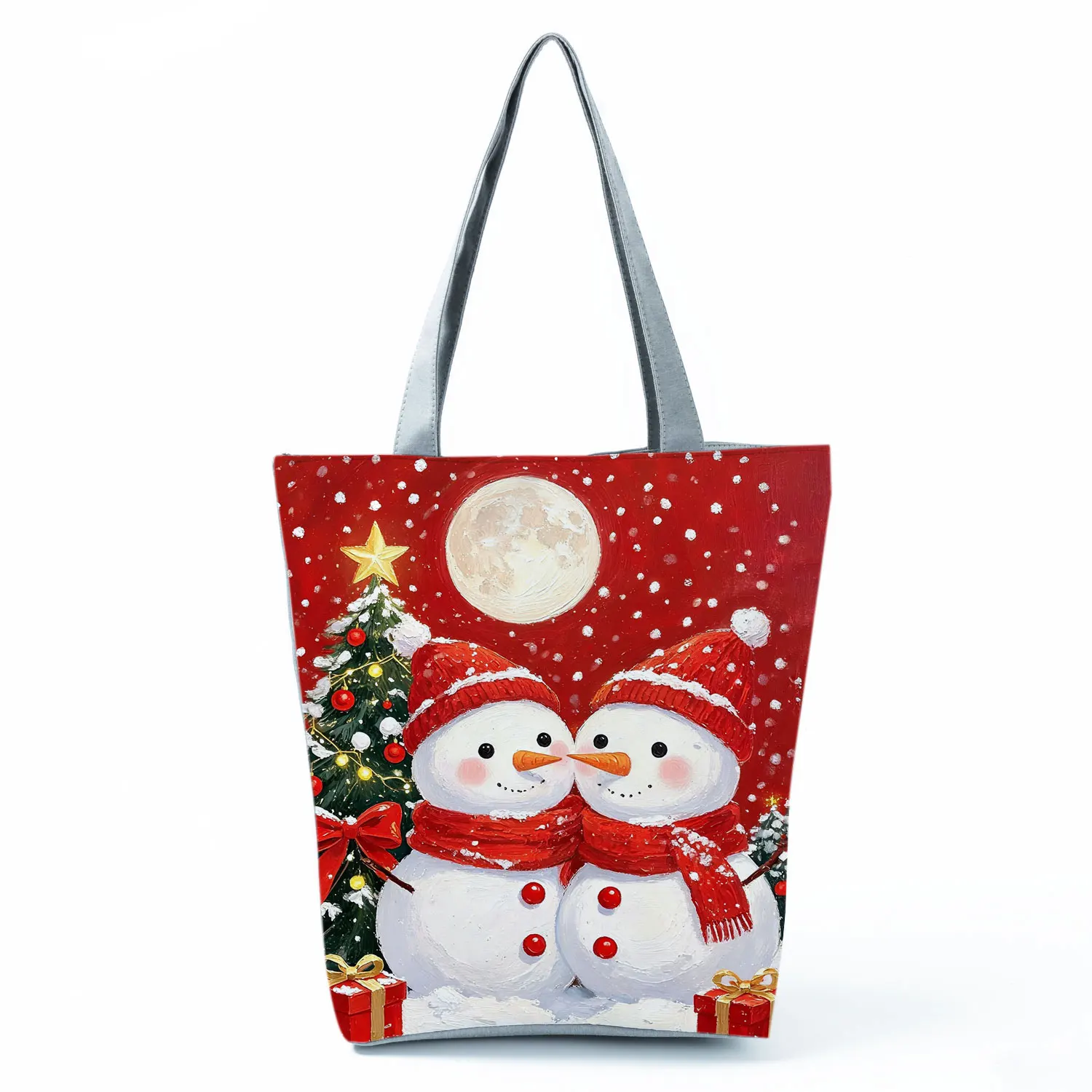 Christmas Snowman Romance Couple Printed Women Handbags High Capacity Shoulder Bag Eco Reusable Shopper Bag Outdoor Beach Tote