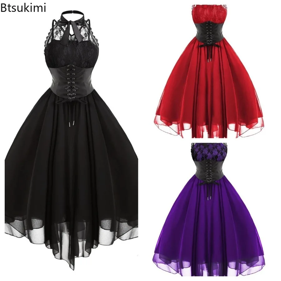 Neues 2026 Damen Gothic-Kleid aus Spitze, sexy Hofstil, Retro-Kleid mit Schnürung an der Taille, langes Kleid mit unregelmäßigem Saum, sexy A-Linien-Kleid aus Mesh