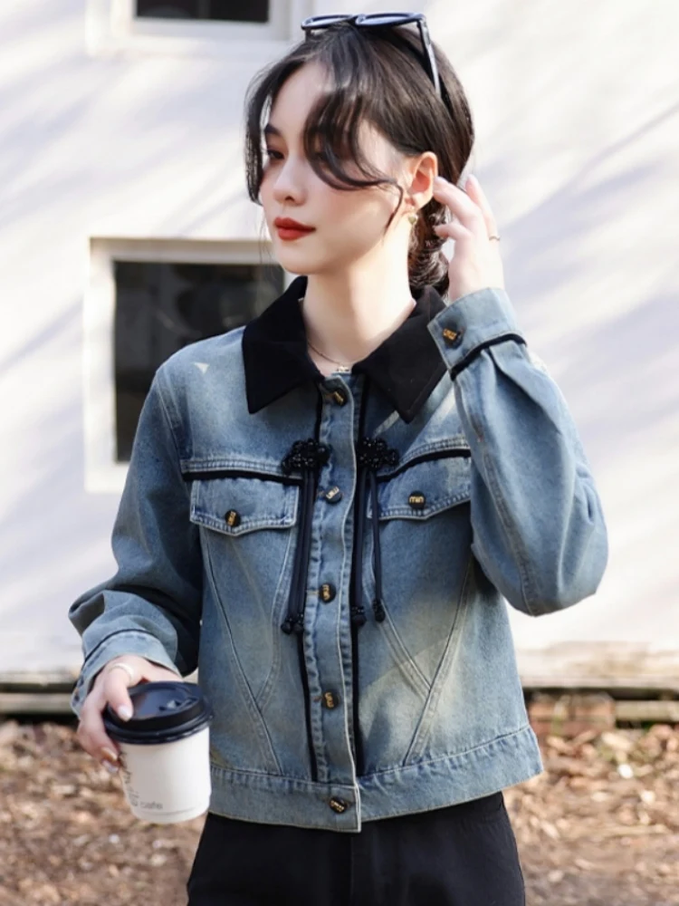 Retro Button Design New Chinese Style Women's Denim Jacket Casual Spring College Fashion Loose Top Bright Sequin Splice