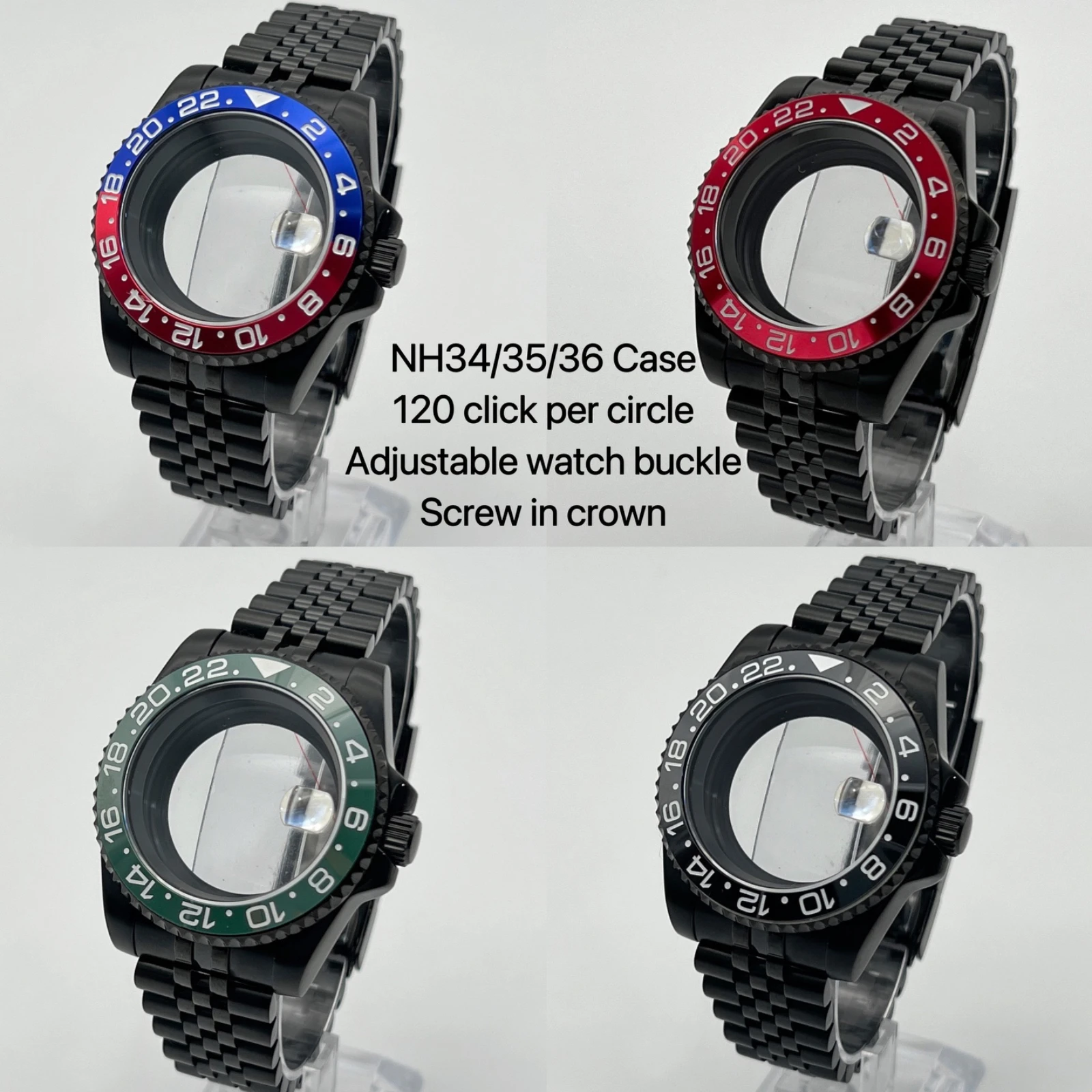 

40mm high-quality watch case. NH35 case, black strap set GMT, suitable for NH34/NH35/NH36 movements,