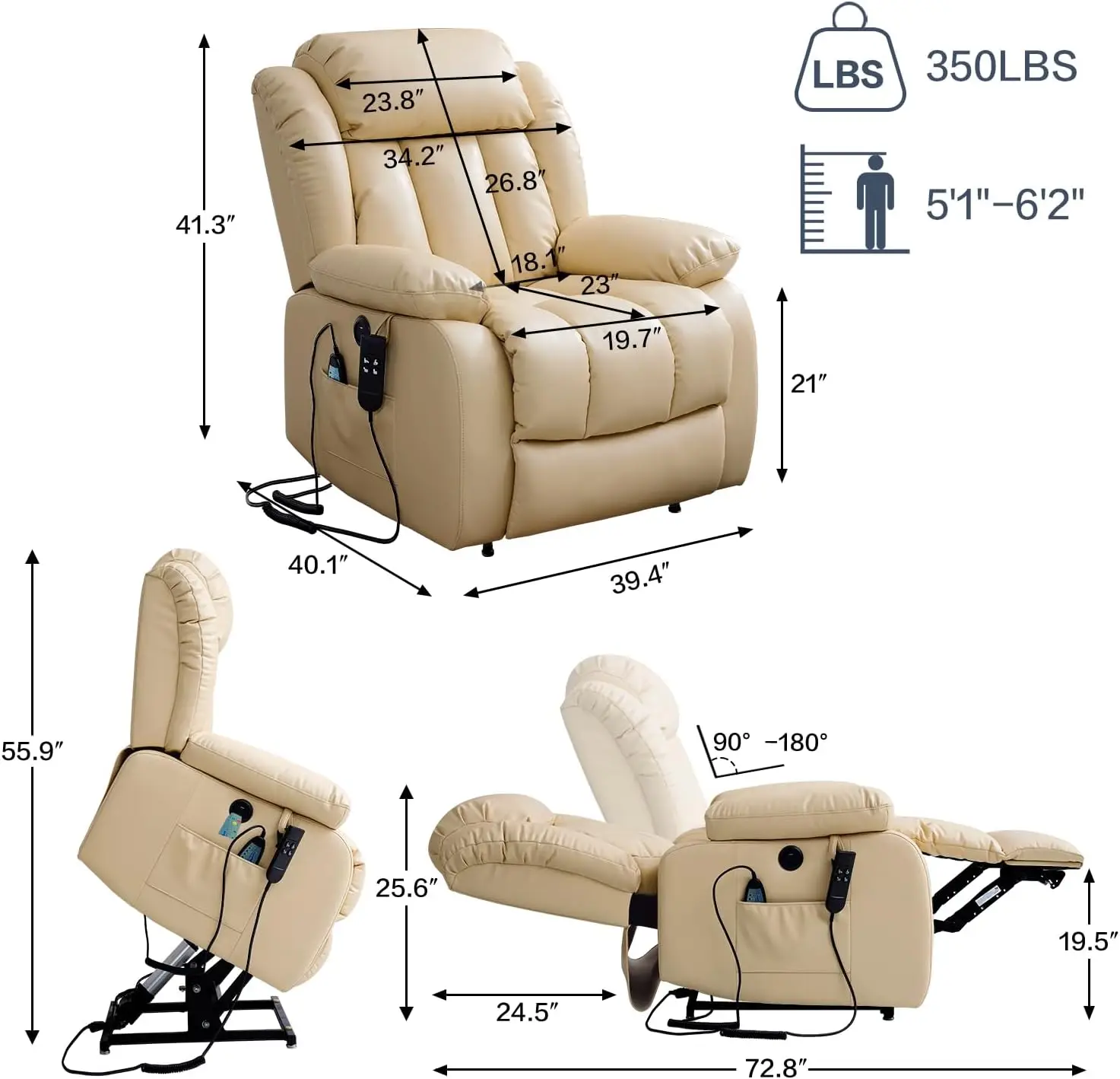 Position Power Lift Chair Lay Flat Recliner Dual Motor Sleeper Chair with Massage and Heating for Elderly, USB Ports and Remote